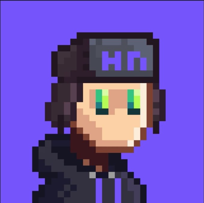 A pixel art character with bright green eyes wears a black beanie featuring the "HN" logo, representing HaloNodes (HN) NFT project. The image serves as a promotional visual to accompany the suggestion of acquiring a HaloNodes NFT before prices rise.