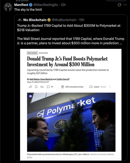 A post about $MANIFEST's 300% rally shares a WSJ article reporting that Donald Trump Jr.-backed 1789 Capital is investing $300M in Polymarket at a $21B valuation, illustrating the surge of capital flowing into revenue-generating crypto and prediction market projects.