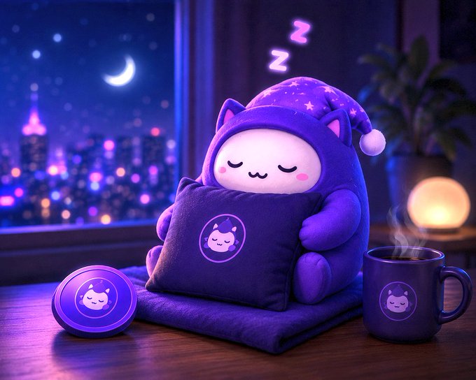 The image features a cute cat wearing a purple hat sitting next to a cup of coffee and a pillow with a cartoon character design. The scene takes place at night, with a city skyline visible through an open window. The focus on the cat's cozy setup and the nighttime setting creates a sense of relaxation and comfort.