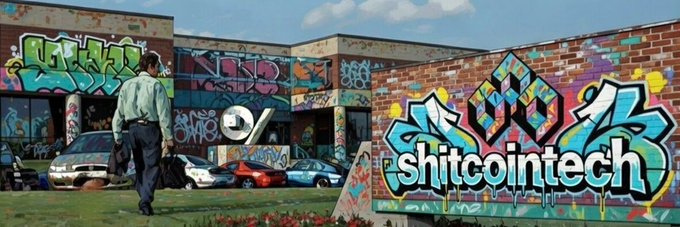 A man in a shirt and tie walks across a grassy lot in front of a graffiti-covered brick building, while a stylized banner on the right displays the text "shitcointech" in bold graffiti lettering—a humorous, self-deprecating banner image for the Solana token $PGP.