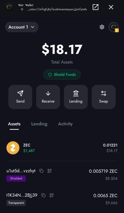 A screenshot of a Nighthawk Wallet interface displays a total assets balance of $18.17, with ZEC holdings of 0.01221 valued at $18.17 and options for Send, Receive, Lending, and Swap.