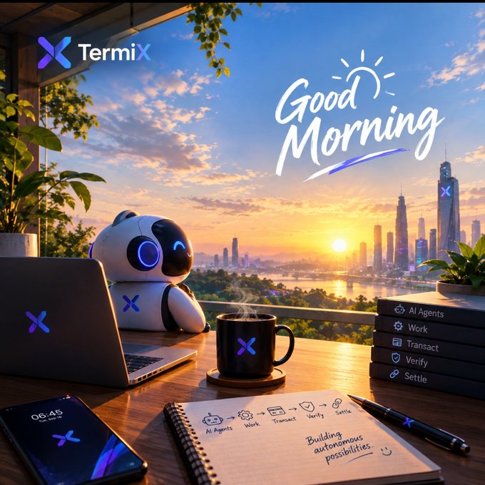 A 'Good Morning' digital illustration showing a TermiX-branded desk setup with a small robot, laptop, coffee mug, phone, and notepad against a city skyline at sunrise.