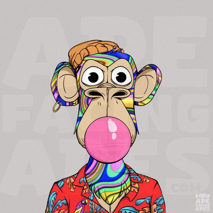 A colorful cartoon ape with vibrant psychedelic patterns and a bubblegum bubble is shown, wearing a red floral Hawaiian shirt. The "Ape Facing Apes" watermark in the corner reinforces the post's message that 9,647 of these Apes have the same default look, highlighting the need for more profile picture diversity.