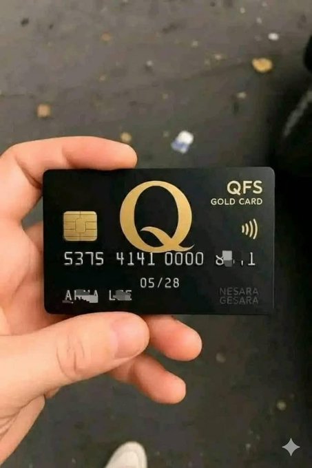 A hand holds a black and gold 'QFS GOLD CARD' labeled 'NESARA GESARA' with a chip and card number 5375 4141 0000 visible.