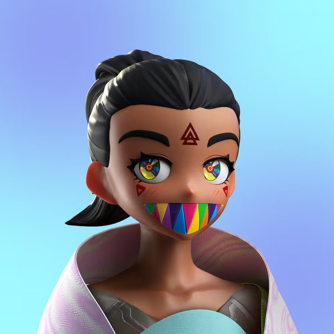A 3D rendered portrait of a stylized female character with dark hair, striking multicolored geometric eyes, a red triangle symbol on her forehead, and a colorful geometric pattern covering her mouth.
