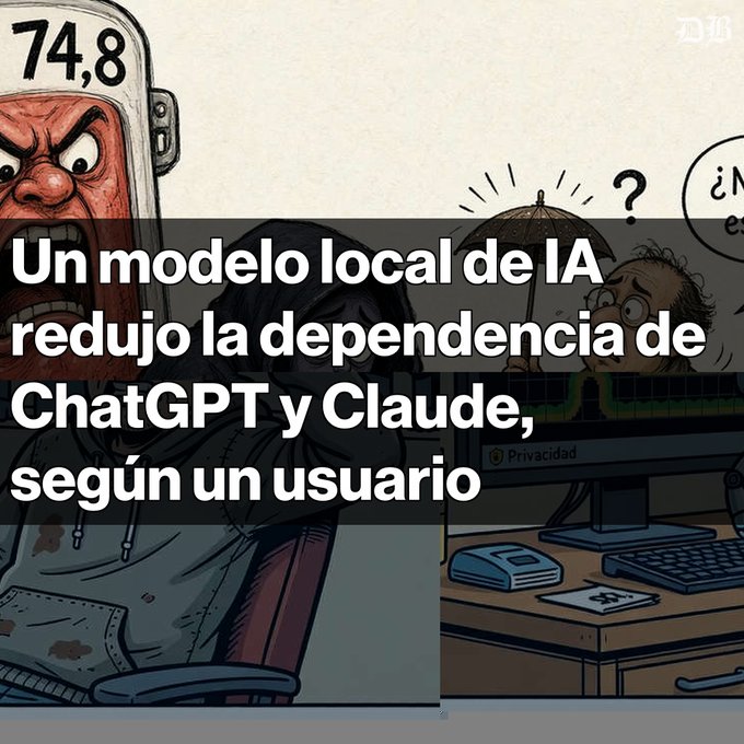 A meme-style image with cartoon characters in the background and a Spanish text overlay reading 'Un modelo local de IA redujo la dependencia de ChatGPT y Claude, según un usuario'.