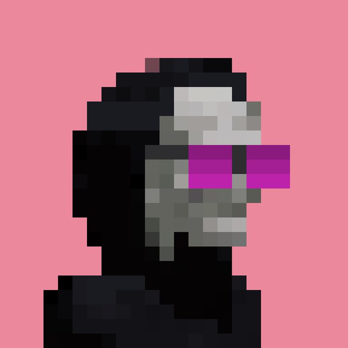 A pixelated, low-resolution digital portrait of a person with dark hair and pink sunglasses set against a solid pink background.