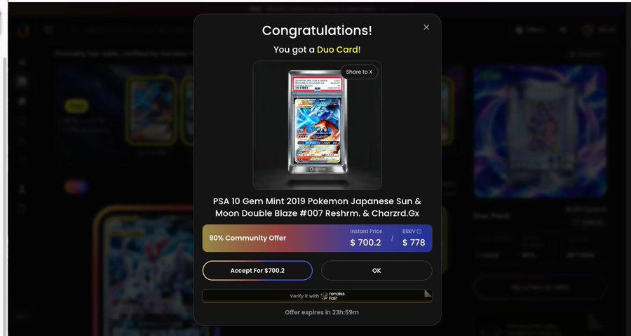 A 'Congratulations!' screen showing a Duo Card reward for a PSA 10 Gem Mint 2019 Pokemon Japanese Sun & Moon Double Blaze #007 Reshzm. & Charzrd.Gx card, offering $700.2 (90% community offer) vs $778 instant price, verified with remos.lol and rarible.