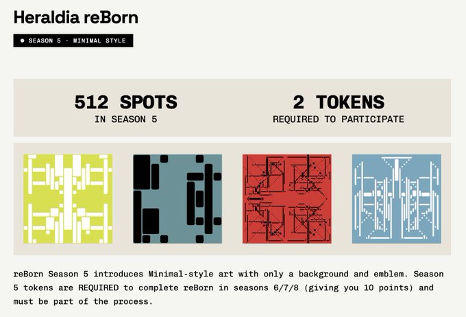 Information card for 'Heraldia reBorn' Season 5 Minimal Style, showing 512 spots available and requiring 2 tokens to participate, with examples of green, teal, red, and blue patterned artwork.