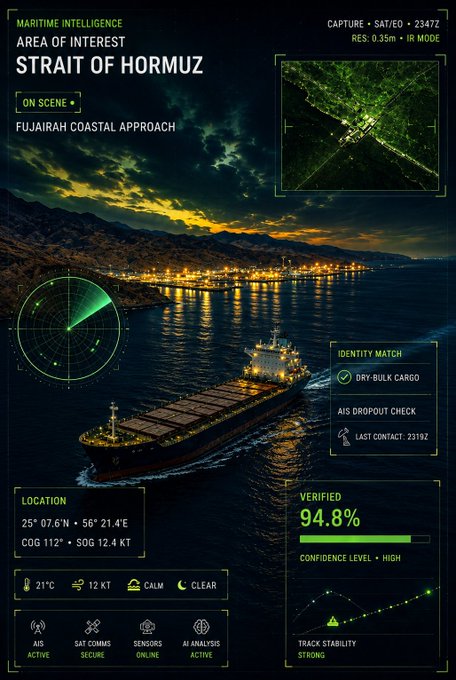 A futuristic maritime intelligence interface showing the Strait of Hormuz, tracking a dry-bulk cargo vessel near Fujairah with 94.8% verification confidence.