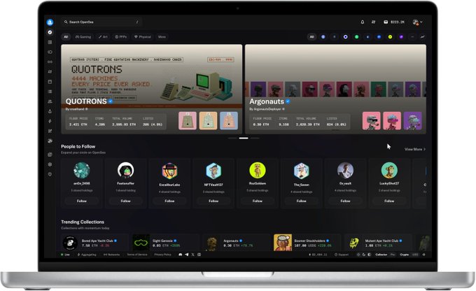 The image shows the OpenSea homepage displayed on a laptop, featuring the Quotrons NFT collection prominently in the top banner alongside Argonauts, with visible stats including "4444 MACHINE," "EVERY PRICE EVER ASKED," and trading metrics showing a 7-day volume of 50.55 ETH and $170K. This directly supports the caption by showing that the Quotrons404 collection is now successfully displayed in the main/featured banner section following the engineering team's fix.