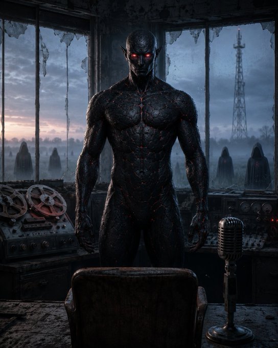 A dark, atmospheric AI-generated image of a menacing humanoid figure with cracked black skin and glowing red eyes standing in a dilapidated room with a microphone in front of it, with hooded figures visible through the windows.