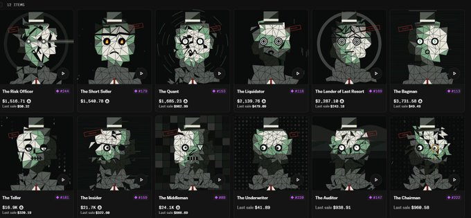 The image shows a catalog of crypto-themed NFT profiles labeled "12 ITEMS," featuring characters like "The Risk Officer," "The Short Seller," "The Quant," "The Liquidator," "The Lender of Last Resort," "The Enigma," "The Teller," "The Insider," "The Middleman," "The Underwriter," "The Auditor," and "The Chairman," each with pricing in ETH and last sale values in dollars.

The image displays a collection of quirky finance-themed NFT characters, with one ("The Lender of Last Resort") listed at $2,397.10 and another ("The Short Seller") at $1,549.70—fitting the post's reference to crypto/NFT collectibles and a token (likely LSA) holding value around $100.