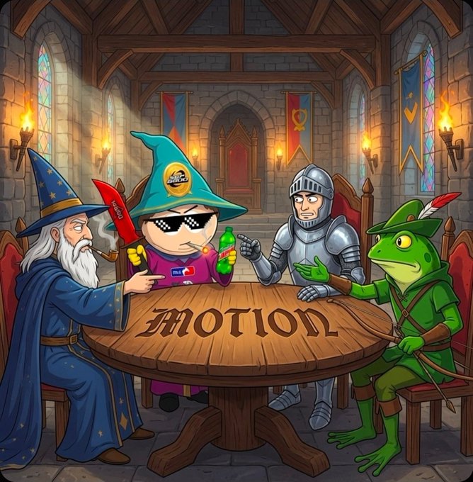 A colorful cartoon illustration depicts four fantasy characters including a wizard, a knight, a frog archer, and a meme-style figure with sunglasses sitting around a table engraved with the word 'MOTION' in a castle setting.