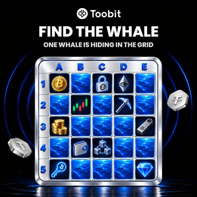 A Toobit promotional graphic titled 'FIND THE WHALE' featuring a 5x5 grid of cryptocurrency-themed icons, including Bitcoin, Ethereum, and mining tools, on a blue glowing background.