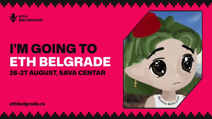 A pink promotional banner for "ETH BELGRADE" conference on 26-27 August at SAVA CENTAR, featuring an anime-style character with green hair and the website ethbelgrade.rs.
