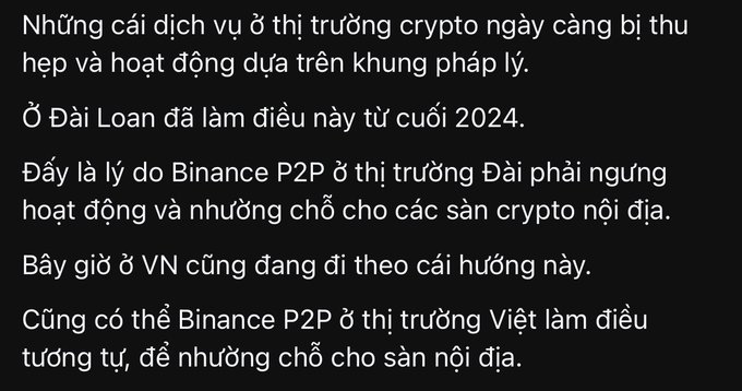 A Vietnamese text discussing how crypto services are increasingly restricted in the market, noting the UK did this since late 2024, causing Binance P2P to cease operations, and suggesting Vietnam may follow this trend.