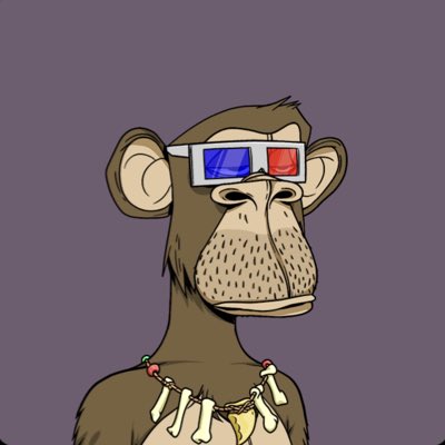The image features a cartoon monkey wearing glasses and a necklace, standing against a purple background. The monkey appears to be looking directly at the camera with an expression of boredom or disinterest. The caption below the image reads "Welcome Real back to the Bored Ape Yacht Club! This time with an incredibly clean and very recognizable 3D ape."
