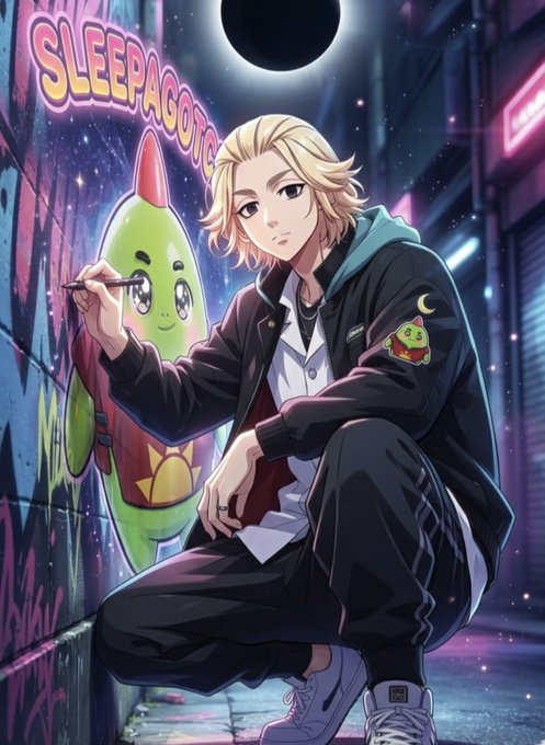Anime-style artwork showing a blonde-haired character crouching in a graffiti-covered alleyway, painting alongside a green rocket character with the text 'SLEEPAGO' visible.