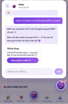 The image shows a chat with PiPot, an AI assistant, displaying a BitTok video link and messages in Vietnamese about a Pi ecosystem project called HuPi (developed by longducnguyen1990) where users can buy and sell Hi Pi tokens, with a price of 11 Pi listed. This relates to the post's discussion of HuPi as a practical Pi ecosystem project, as the chat screenshot appears to showcase an in-app feature where Pioneers can trade HuPi tokens at a fixed price, aligning with the post's emphasis on solving the "Bringing Pi Back to the Ecosystem" problem through symbiotic Pioneers-platform transactions.