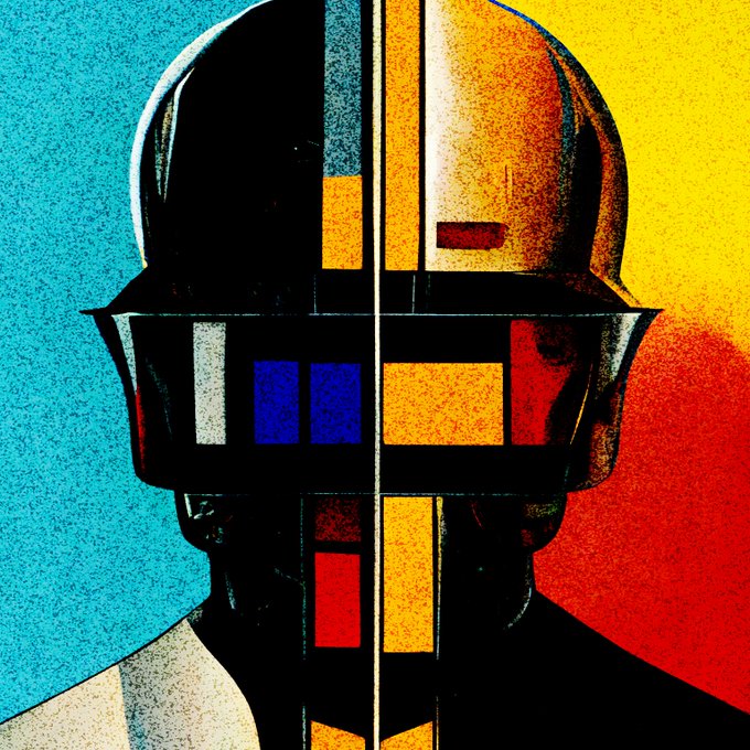 A stylized graphic of a person wearing a helmet with a geometric, Mondrian-inspired design in blue, yellow, red, and black.