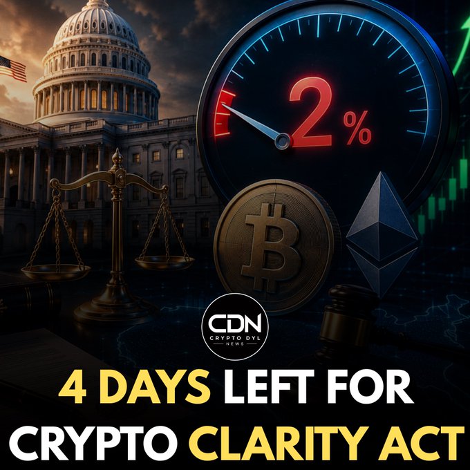 CDN (Crypto Daily News) graphic titled '4 DAYS LEFT FOR CRYPTO CLARITY ACT' featuring the U.S. Capitol, scales of justice, Bitcoin and Ethereum logos, and a meter showing '2%'.
