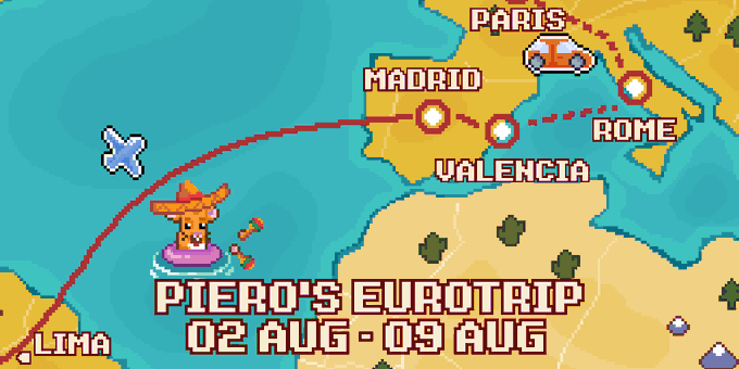 A pixel art-style map graphic titled 'PIERO'S EUROTRIP 02 AUG - 09 AUG' showing a travel route from Lima, passing through Madrid, Valencia, Rome, and ending in Paris, with a piñata character floating in an inner tube on the water.