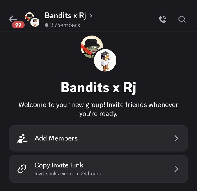 A mobile app screenshot showing a WhatsApp-like group chat interface titled 'Bandits x Rj' with 3 members, featuring options to add members or copy an invite link.