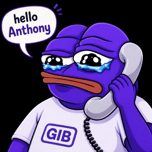 A cartoon illustration of a crying purple Pepe-style character on the phone wearing a shirt that reads 'GIB', with a speech bubble saying 'hello Anthony'.