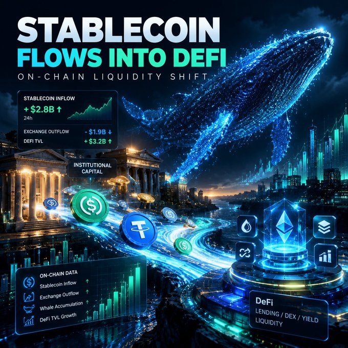 A digital graphic titled "STABLECOIN FLOWS INTO DEFI: ON-CHAIN LIQUIDITY SHIFT" featuring a digital whale, various cryptocurrency coins, and statistics like "+ $2.8B ↑" for Stablecoin Inflow and "+ $3.2B ↑" for DeFi TVL.