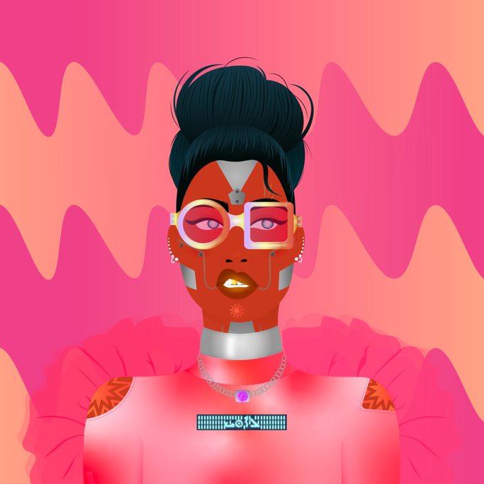A stylized digital illustration of a Black woman with her hair in a high bun, wearing large futuristic glasses, metallic accents, and a pink dress against a wavy pink and peach background.