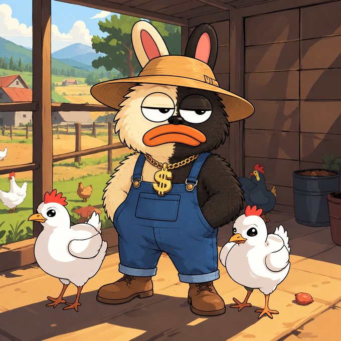 A tired-looking duck-billed rabbit farmer wearing overalls, a straw hat, and a gold dollar-sign chain stands in a barn surrounded by chickens. The cartoon image appears unrelated to the "$Boro Airdrop" promotion in the post, which advertises a 200,000 $Boro token giveaway for Solana wallets—no branding, ticker, or text from the airdrop appears in the illustration itself.