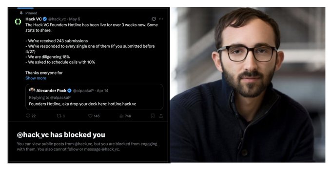 A Twitter/X post by Hack VC is displayed showing statistics about their "Founders Hotline" (243 submissions, 18% diligence rate, 10% scheduled calls) with a reply thread from Alexander Pack, paired with a photo of a bearded man wearing glasses, while a notice indicates @hack_vc has blocked the user—supporting the caption's accusation of Hack VC pre-emptively blocking critics to silence questions about their practices.