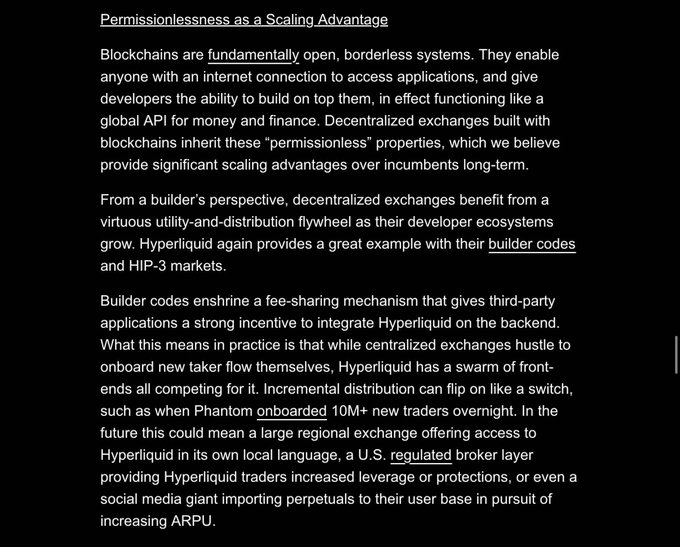 The image displays text titled "Permissionlessness as a Scaling Advantage," explaining how decentralized exchanges like Hyperliquid benefit from builder codes and a fee-sharing mechanism that incentivizes third-party integration. It uses the example of Phantom onboarding 10M+ traders overnight to illustrate how Hyperliquid's permissionless nature provides a scaling advantage over centralized exchanges. The passage directly supports the post's thesis about centralized exchanges like VALR likely integrating Hyperliquid as a backend in the future.