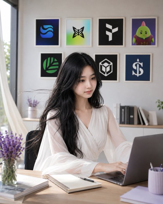 A digital artwork of a young woman working on a laptop at a desk, with a wall behind her displaying framed cryptocurrency logos including SUI, Mantra, INJ, a green character, LEAF, Polygon, and a dollar symbol.