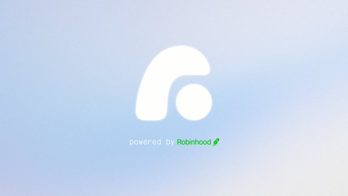 A light blue gradient screen displaying a white abstract logo with the text "powered by Robinhood" underneath.