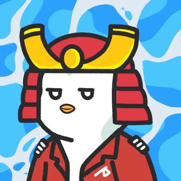 A cartoon penguin character wearing a red samurai helmet with gold horns and a red jacket stands against a blue swirly background.