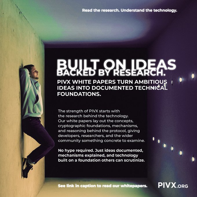 A promotional advertisement reading 'BUILT ON IDEAS BACKED BY RESEARCH. PIVX WHITE PAPERS TURN AMBITIOUS IDEAS INTO DOCUMENTED TECHNICAL FOUNDATIONS' with the website PIVX.org, featuring a man leaning against a wall.