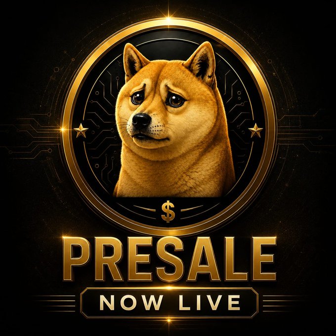 A promotional graphic features a Shiba Inu dog inside a gold circular emblem with a dollar sign, with the text 'PRESALE NOW LIVE' displayed in bold gold letters.