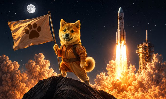 An illustration of a Shiba Inu dog in an astronaut suit planting a paw-print flag on a rock, with a rocket launching in the background under a full moon.