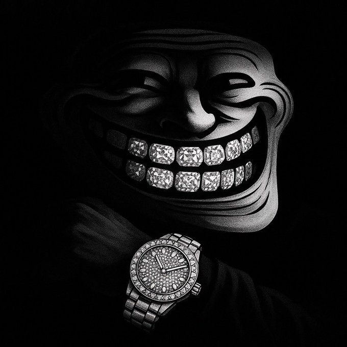 A black-and-white illustration of a grinning trollface wearing a diamond-encrusted watch and showing diamond-studded teeth.