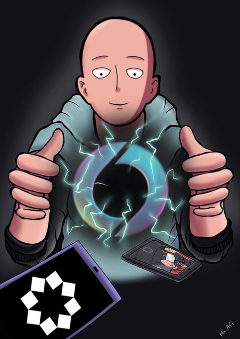 An anime-style illustration of Saitama from One Punch Man giving two thumbs up while holding a glowing energy orb, with Crypto.com and a smartphone visible below.