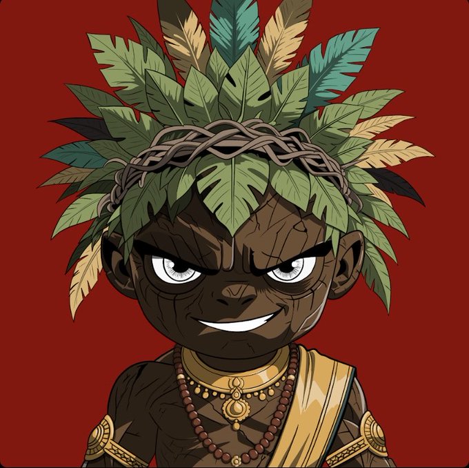 An anime-style cartoon character portrait of a dark-skinned figure with a wide grin, wearing a tribal leaf crown and beaded necklaces against a dark red background.