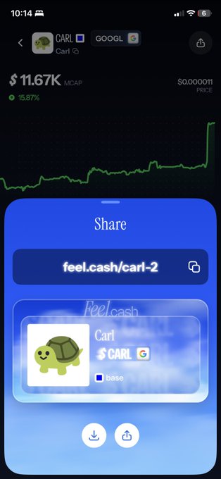 A smartphone screenshot shows a trading app displaying the token 'CARL' with a market cap of '$11.67K' and a price chart, overlaid with a blue 'Share' menu showing a link 'feel.cash/carl-2' and a turtle logo.