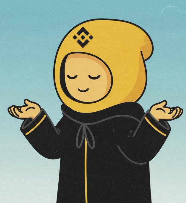 A cartoon figure in a black robe and yellow hood bearing the Binance logo stands with closed eyes and open palms in a meditative pose, visually representing the "Binance Man" meme character referenced alongside the contract address and Telegram link.