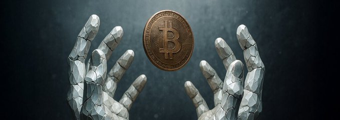 A digital artwork depicts two cracked, stone-like robotic hands reaching toward a floating gold Bitcoin coin against a dark background.