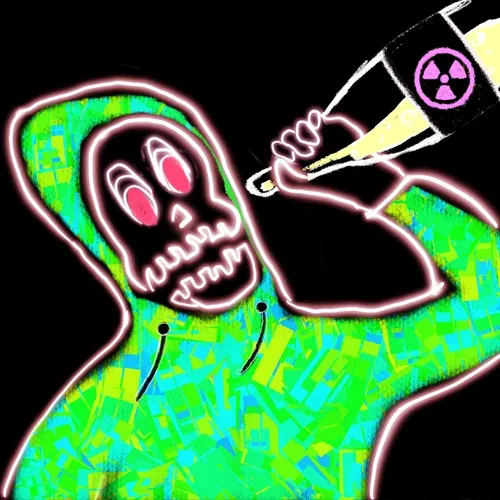 A neon-outlined illustration of a green, skeletal-faced character in a hoodie drinking from a bottle marked with a pink radiation symbol.