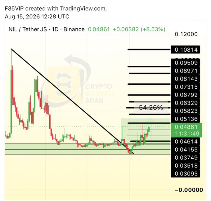 A TradingView daily chart for NIL/USDT on Binance shows a +8.53% gain to 0.04861, with the price breaking above a descending trendline and rising through Fibonacci extension levels toward targets of 0.05136–0.10814, visually supporting the post's claim of a +54% rally from the bottom.