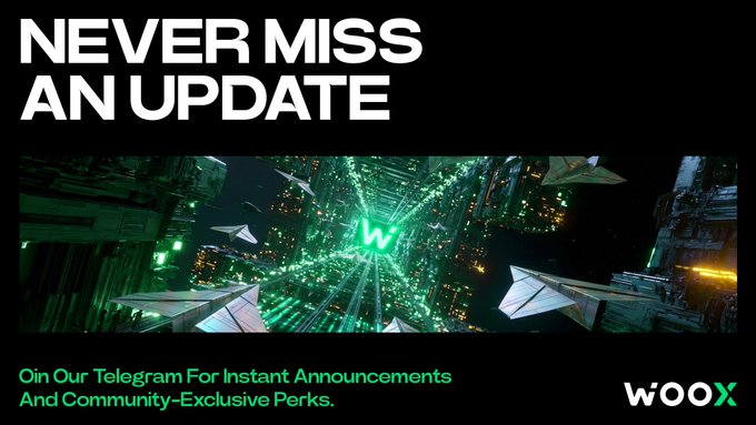 A promotional banner with a dark cyberpunk aesthetic features the bold white text "NEVER MISS AN UPDATE" above a futuristic cityscape with a glowing green W logo at its center. The "WOOX" ticker appears in the bottom right, while the green caption invites viewers to "Join Our Telegram For Instant Announcements And Community-Exclusive Perks," directly tying the high-tech, fast-paced visual to the post's call to action for real-time alpha via t.me/WOOXcommunity.