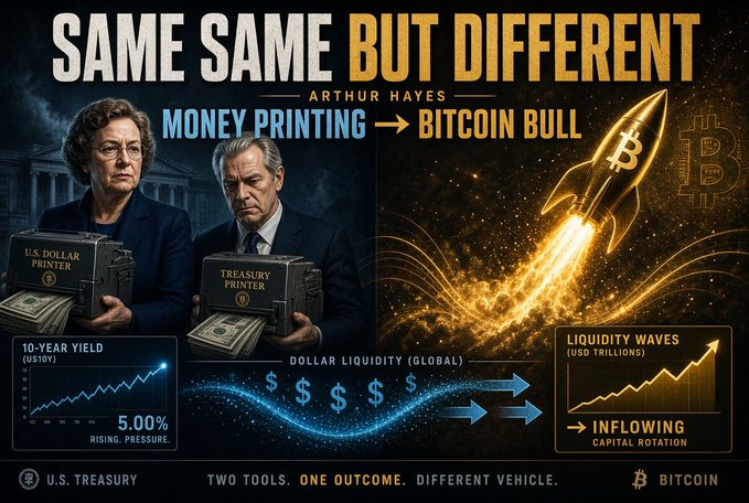 A promotional graphic titled 'SAME SAME BUT DIFFERENT' by Arthur Hayes illustrating the concept of 'Money Printing → Bitcoin Bull,' depicting Federal Reserve Chair Janet Yellen and former Treasury Secretary Jerome Powell with U.S. Dollar and Treasury Printers, alongside charts showing 10-Year Yield rising to 5.00% and growing liquidity waves flowing into Bitcoin.